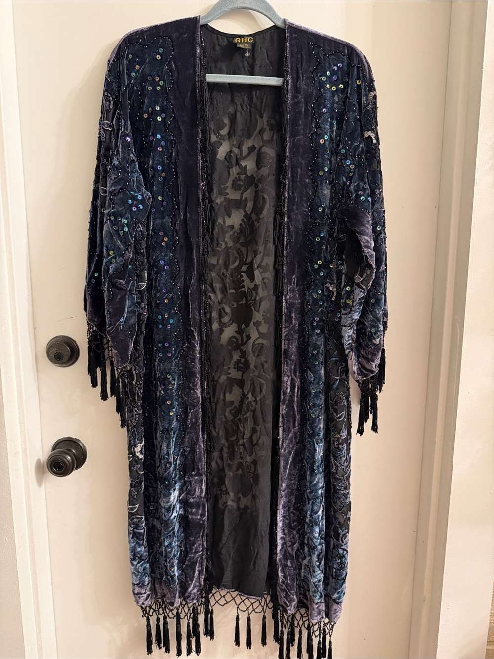 Vintage GHC beaded silk velvet kimono duster LARGE blue purple burnout